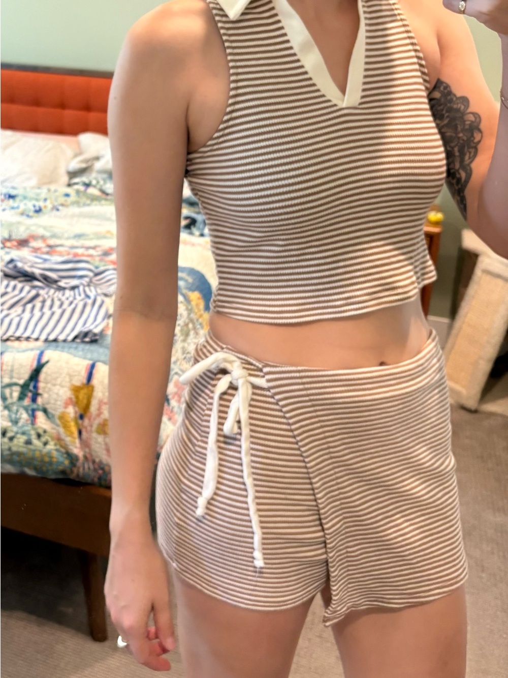 Striped Cream and Tan Knit Skort Tank Top Two Piece Set